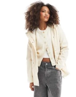 Brave Soul Hooded Rain Mac In Cream For Women